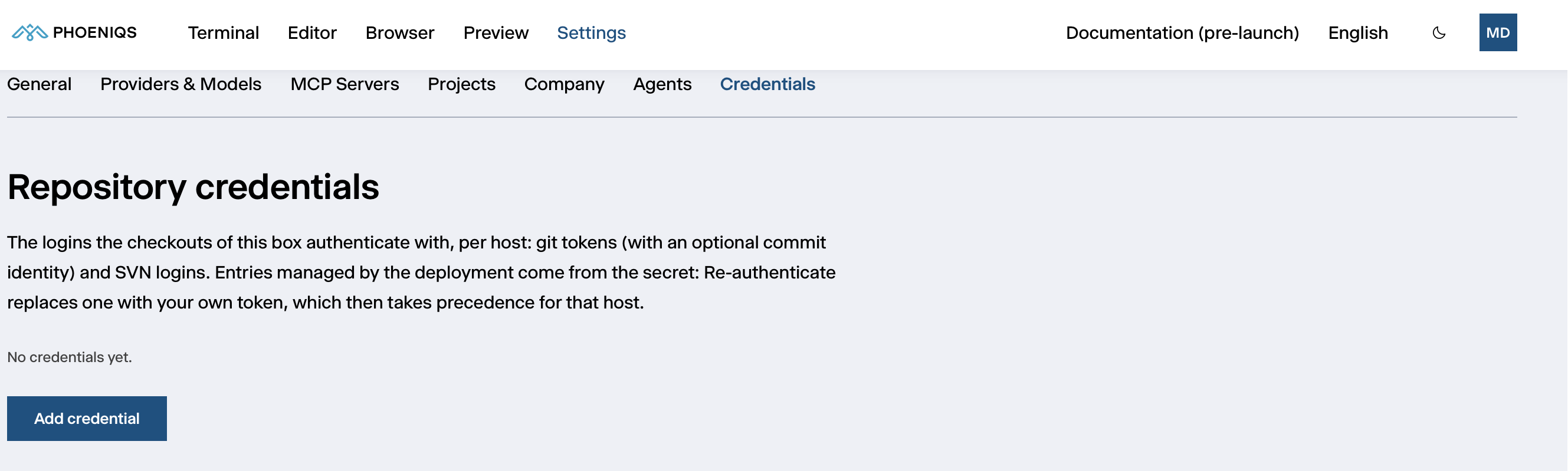 Settings → Credentials: Repository credentials