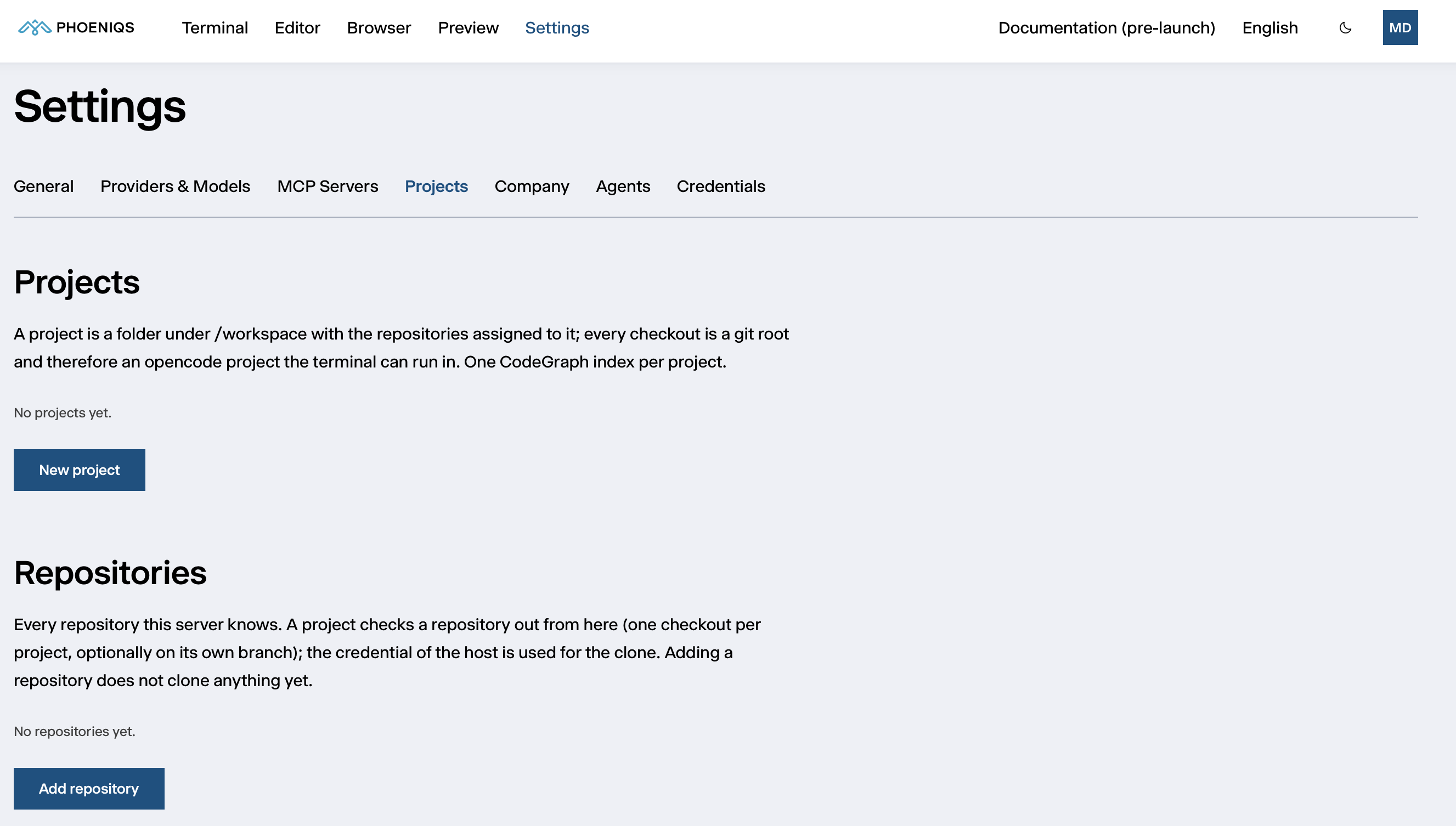 Settings → Projects: projects and repositories