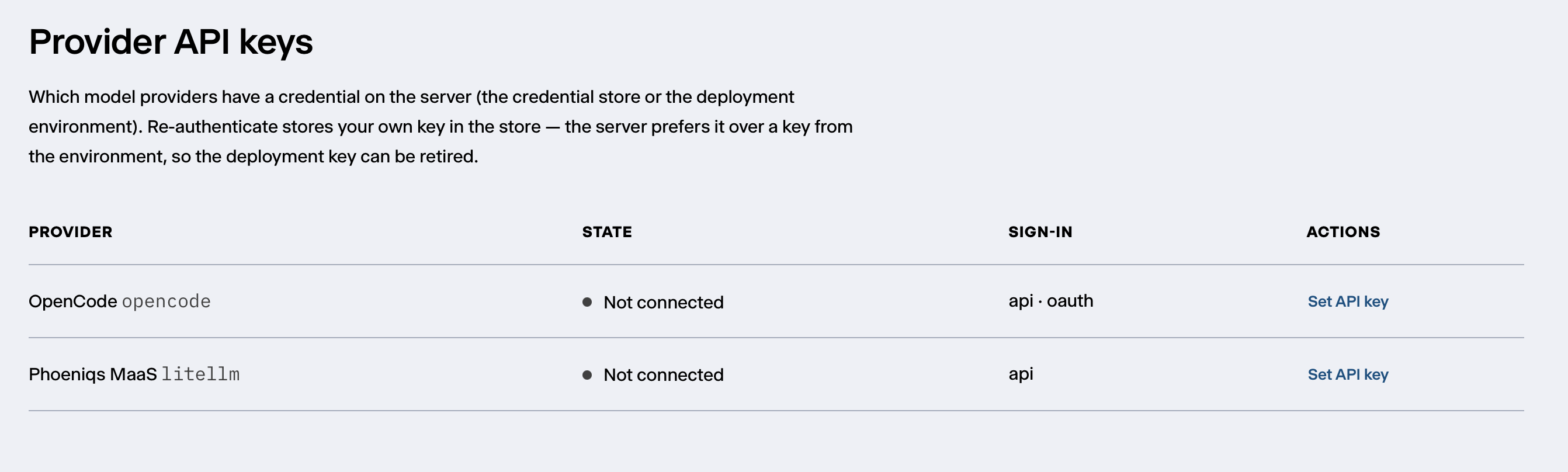 Settings → Credentials: Provider API keys