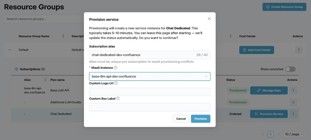 Provision service dialog for PHOENIQS Chat